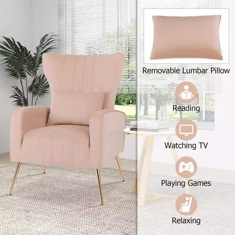 Velvet Wingback Accent Chair with Lumbar Pillow and Gold Legs
