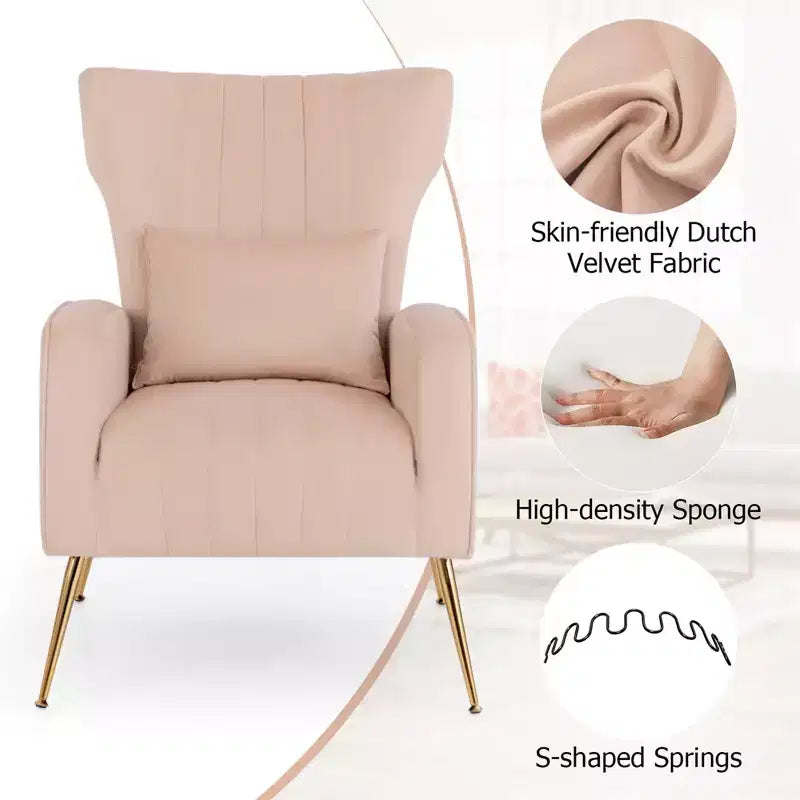 Velvet Wingback Accent Chair with Lumbar Pillow and Gold Legs
