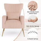 Velvet Wingback Accent Chair with Lumbar Pillow and Gold Legs