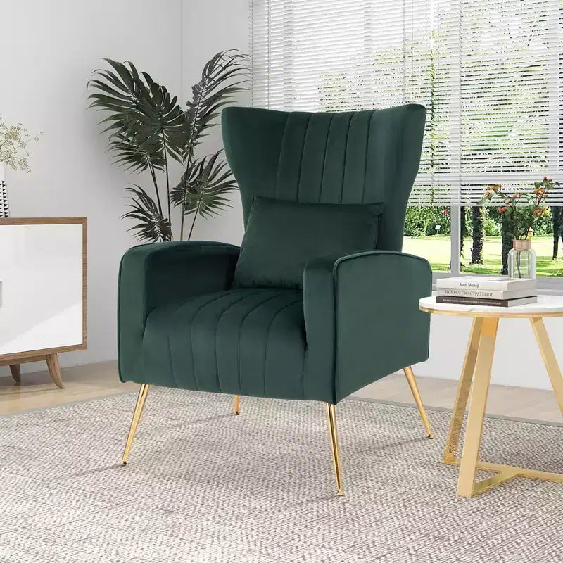 Velvet Wingback Accent Chair with Lumbar Pillow and Gold Legs