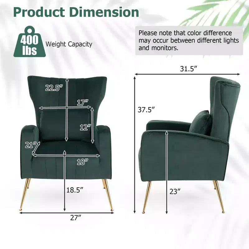 Velvet Wingback Accent Chair with Lumbar Pillow and Gold Legs