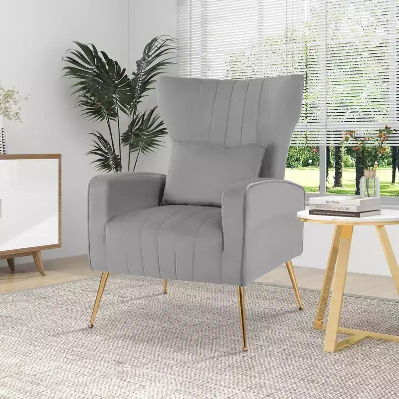 Velvet Wingback Accent Chair with Lumbar Pillow and Gold Legs