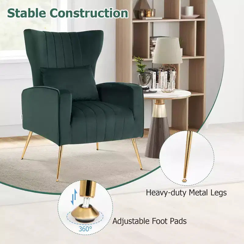 Velvet Wingback Accent Chair with Lumbar Pillow and Gold Legs