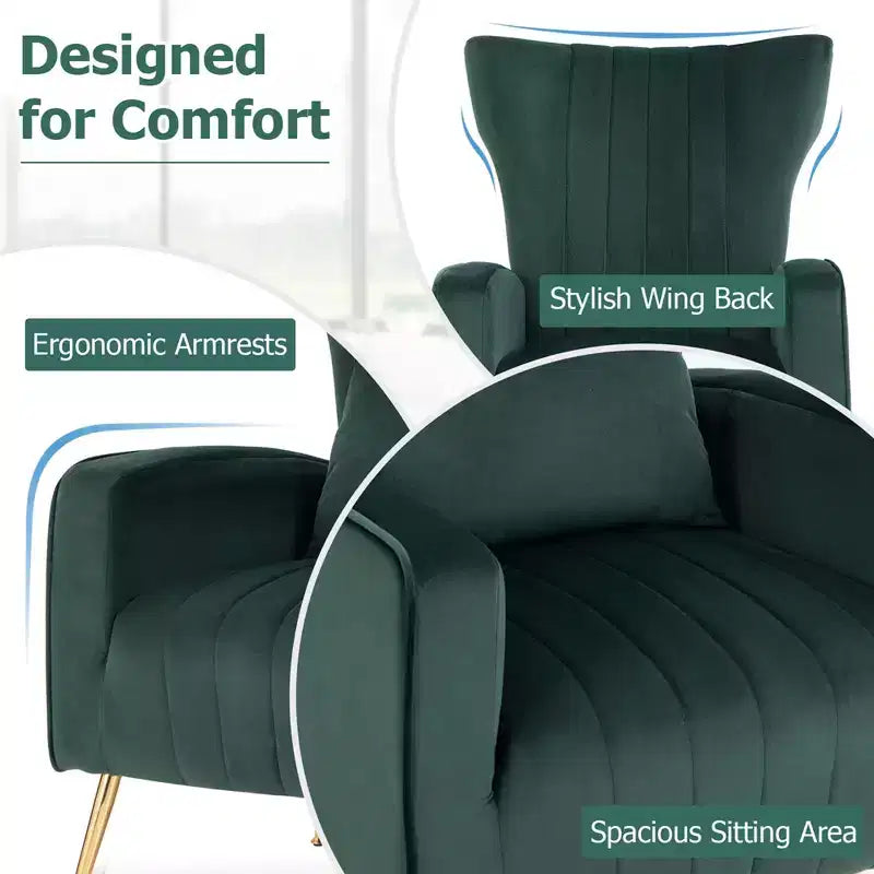 Velvet Wingback Accent Chair with Lumbar Pillow and Gold Legs