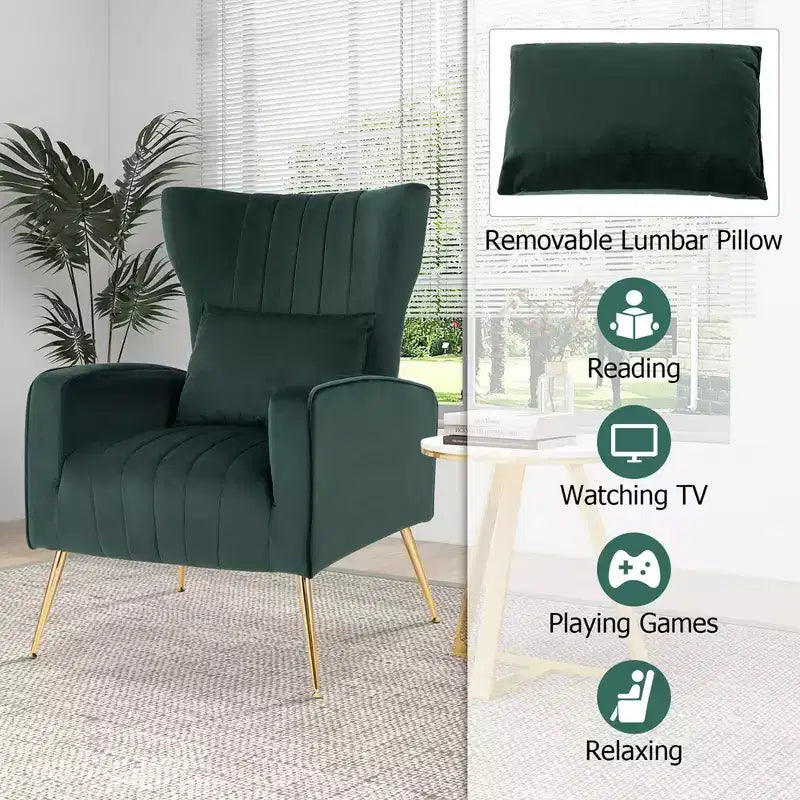 Velvet Wingback Accent Chair with Lumbar Pillow and Gold Legs
