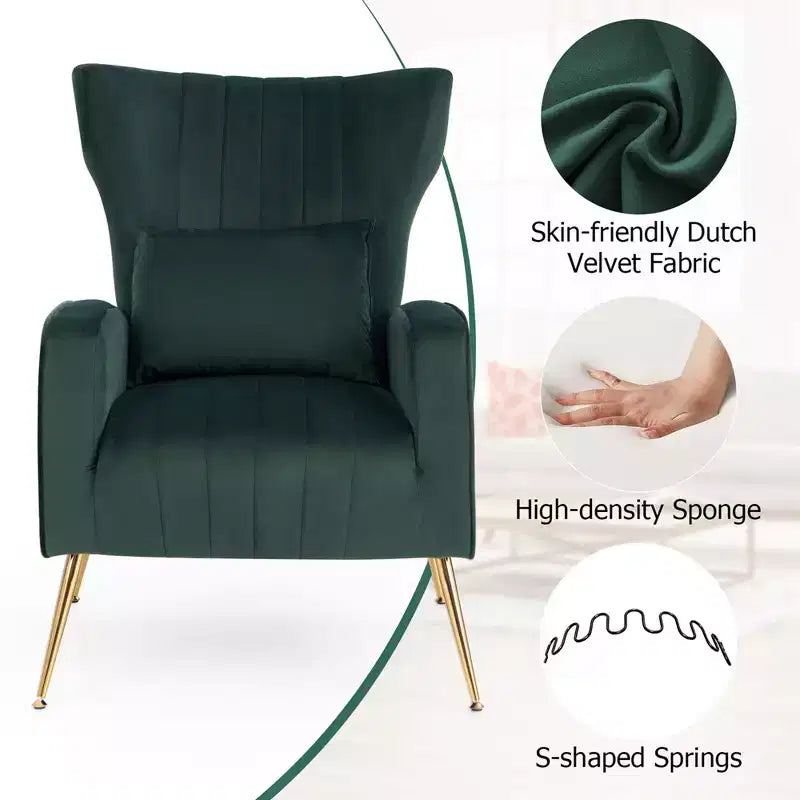 Velvet Wingback Accent Chair with Lumbar Pillow and Gold Legs