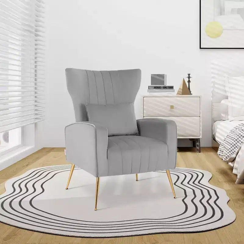 Velvet Wingback Accent Chair with Lumbar Pillow and Gold Legs