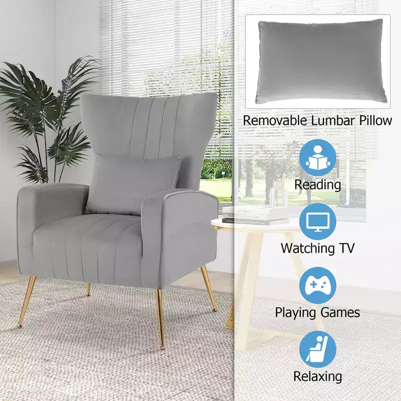 Velvet Wingback Accent Chair with Lumbar Pillow and Gold Legs