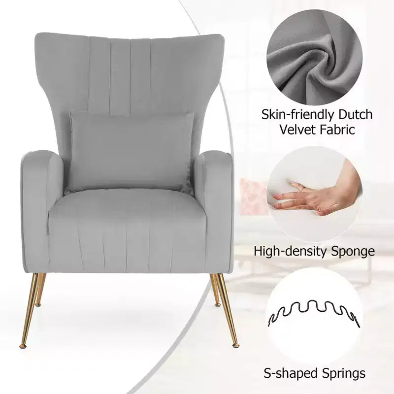 Velvet Wingback Accent Chair with Lumbar Pillow and Gold Legs