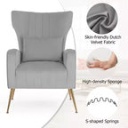 Velvet Wingback Accent Chair with Lumbar Pillow and Gold Legs