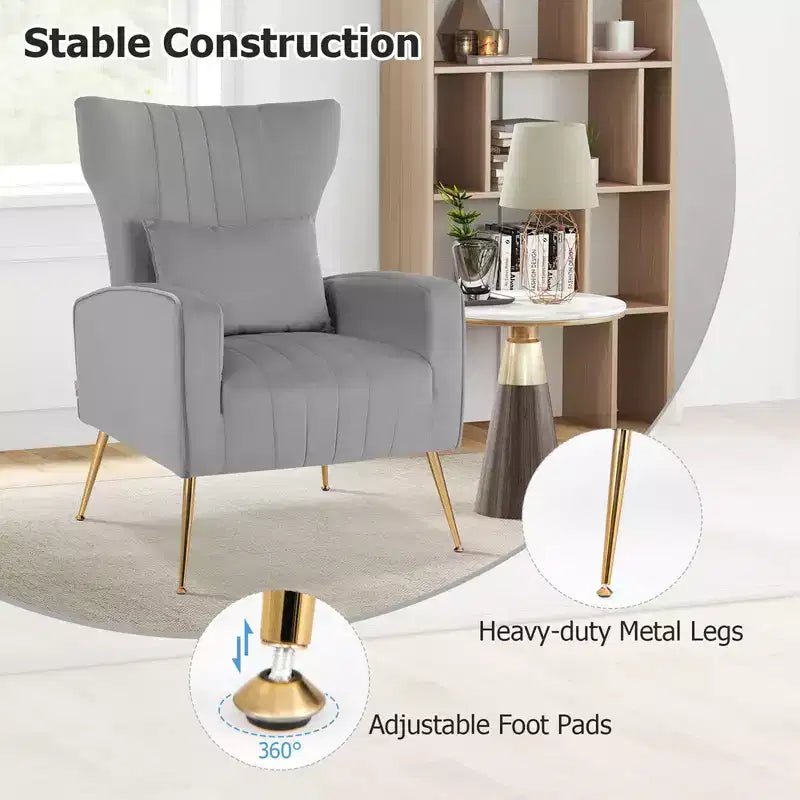 Velvet Wingback Accent Chair with Lumbar Pillow and Gold Legs