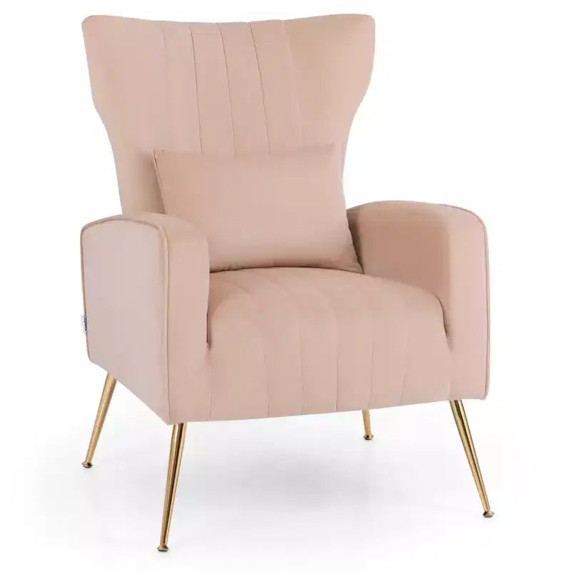 Velvet Wingback Accent Chair with Lumbar Pillow and Gold Legs