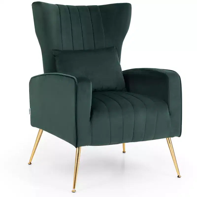 Velvet Wingback Accent Chair with Lumbar Pillow and Gold Legs