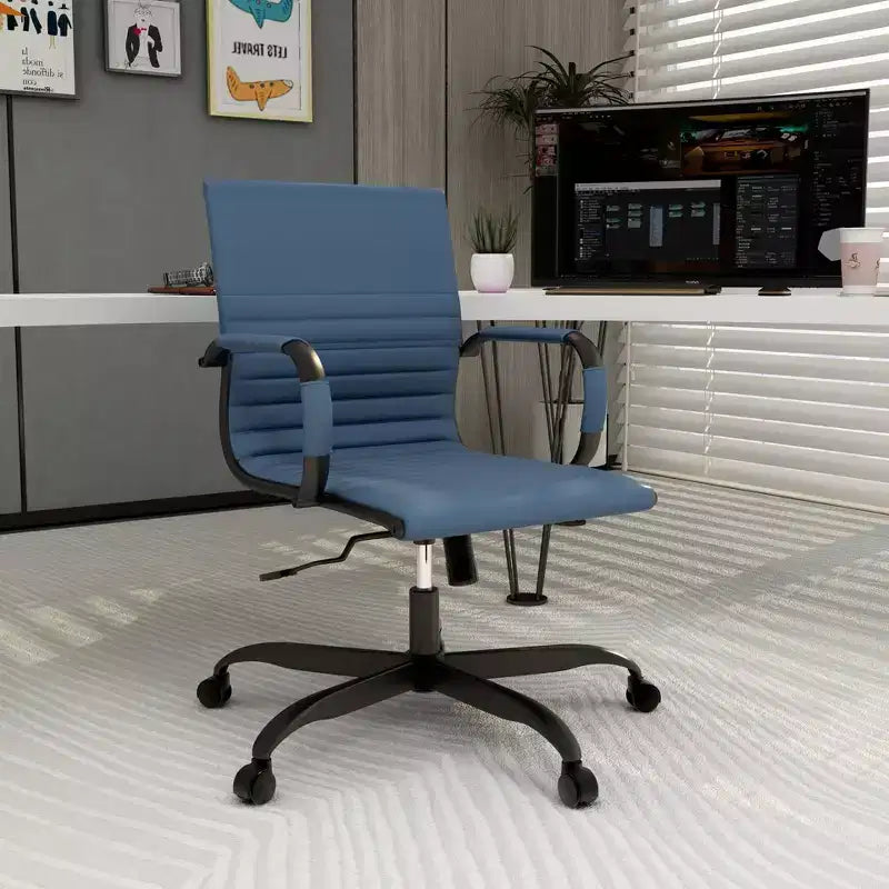 Ribbed Vegan Leather Desk Chair with Matte Black Swivel Base