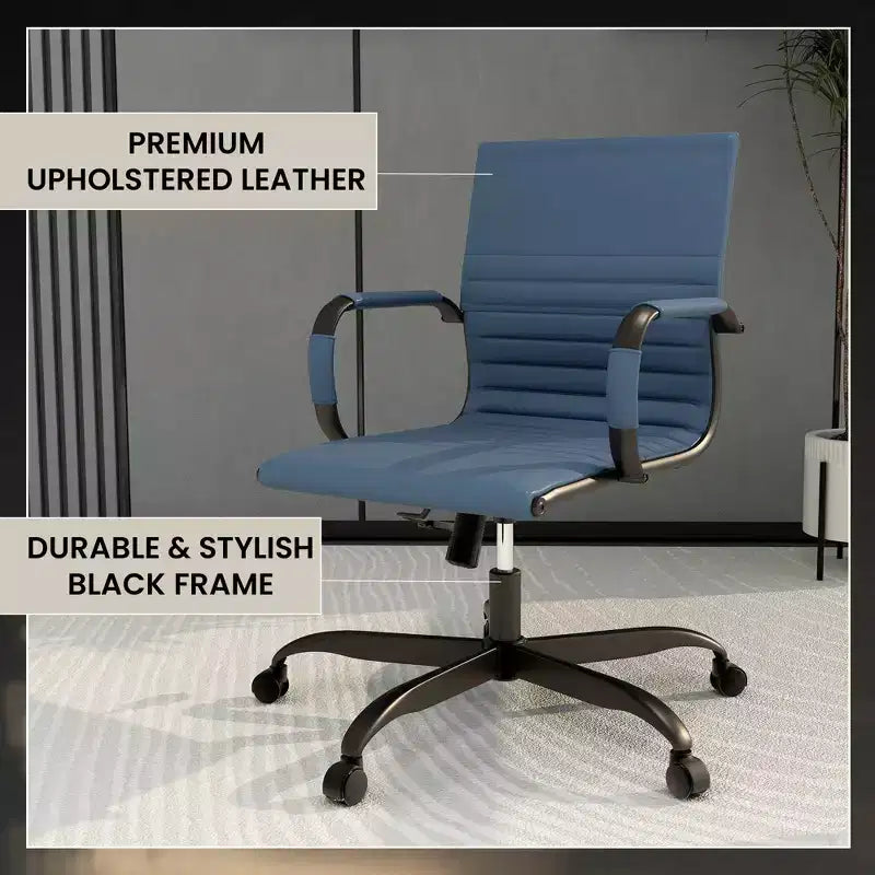 Ribbed Vegan Leather Desk Chair with Matte Black Swivel Base