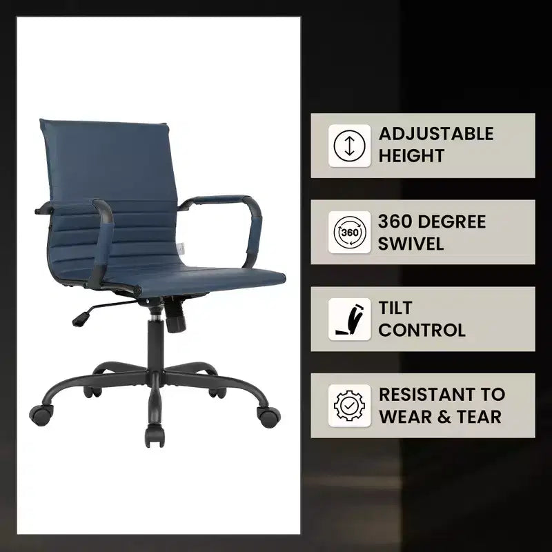 Ribbed Vegan Leather Desk Chair with Matte Black Swivel Base
