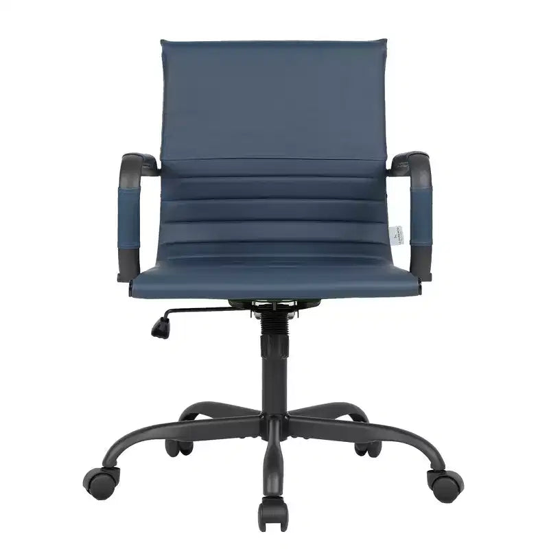 Ribbed Vegan Leather Desk Chair with Matte Black Swivel Base