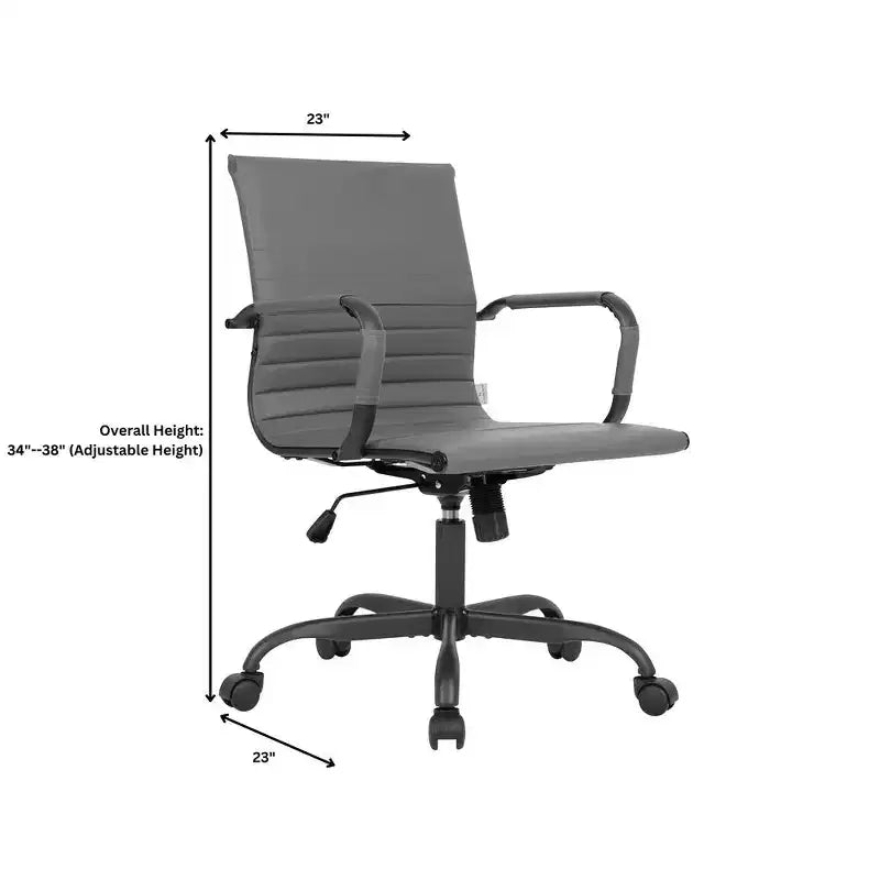 Ribbed Vegan Leather Desk Chair with Matte Black Swivel Base