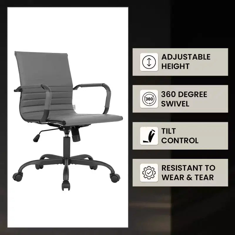 Ribbed Vegan Leather Desk Chair with Matte Black Swivel Base