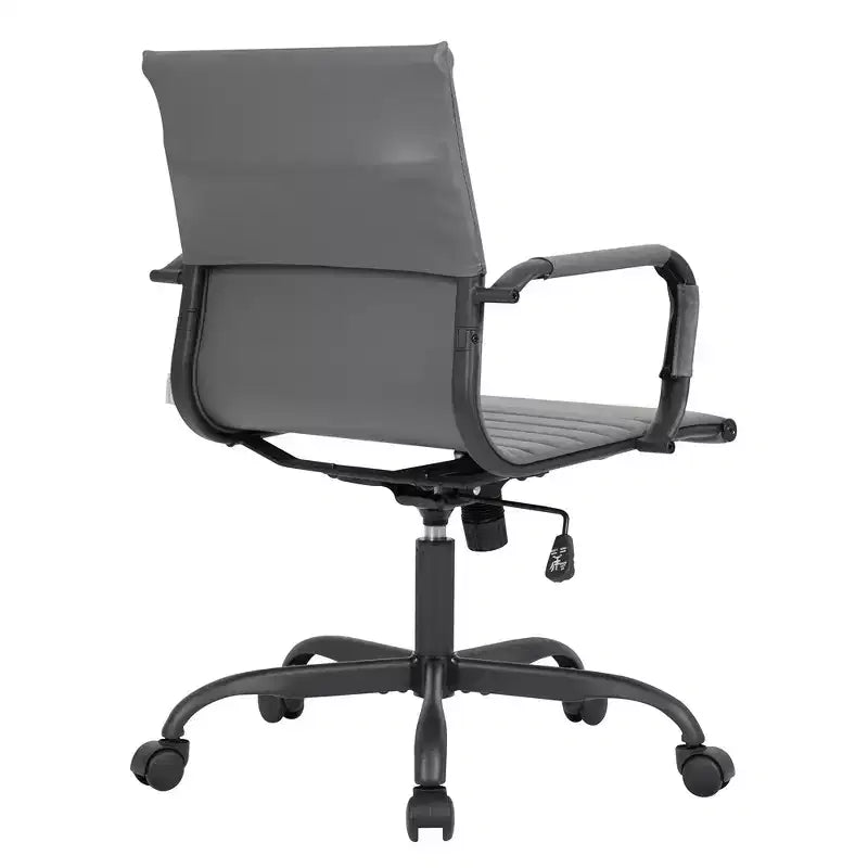 Ribbed Vegan Leather Desk Chair with Matte Black Swivel Base
