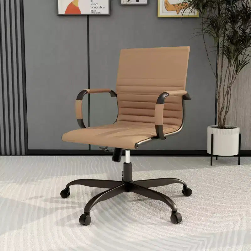 Ribbed Vegan Leather Desk Chair with Matte Black Swivel Base