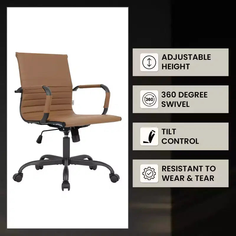 Ribbed Vegan Leather Desk Chair with Matte Black Swivel Base