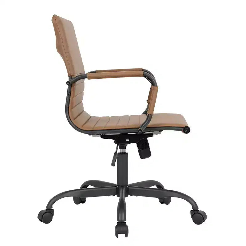 Ribbed Vegan Leather Desk Chair with Matte Black Swivel Base