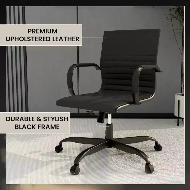 Ribbed Vegan Leather Desk Chair with Matte Black Swivel Base