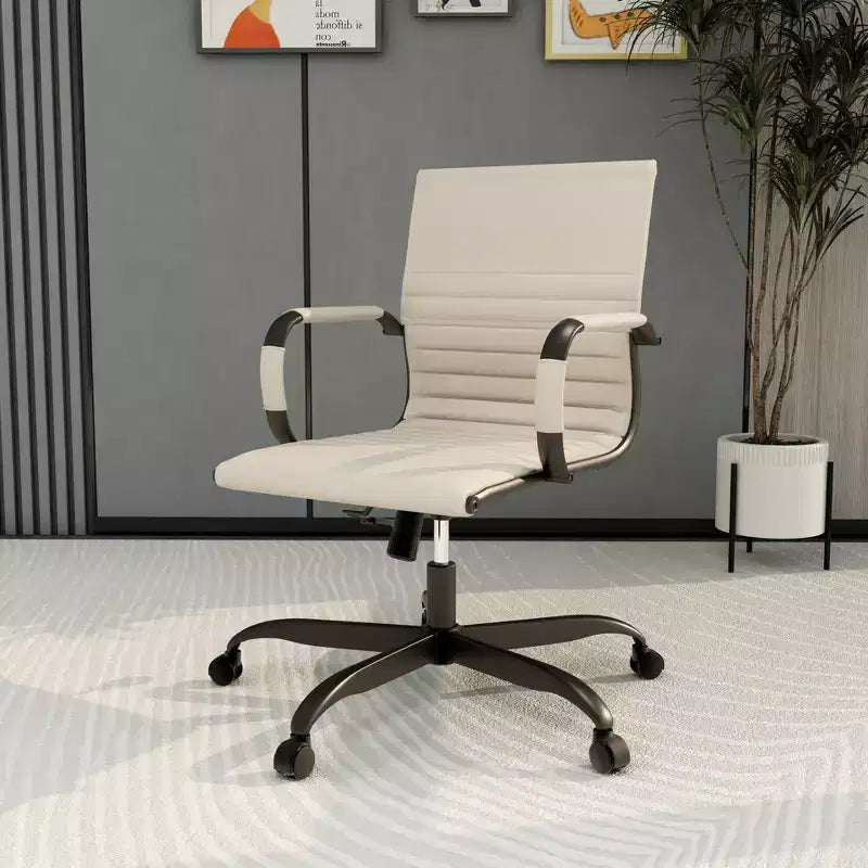 Ribbed Vegan Leather Desk Chair with Matte Black Swivel Base
