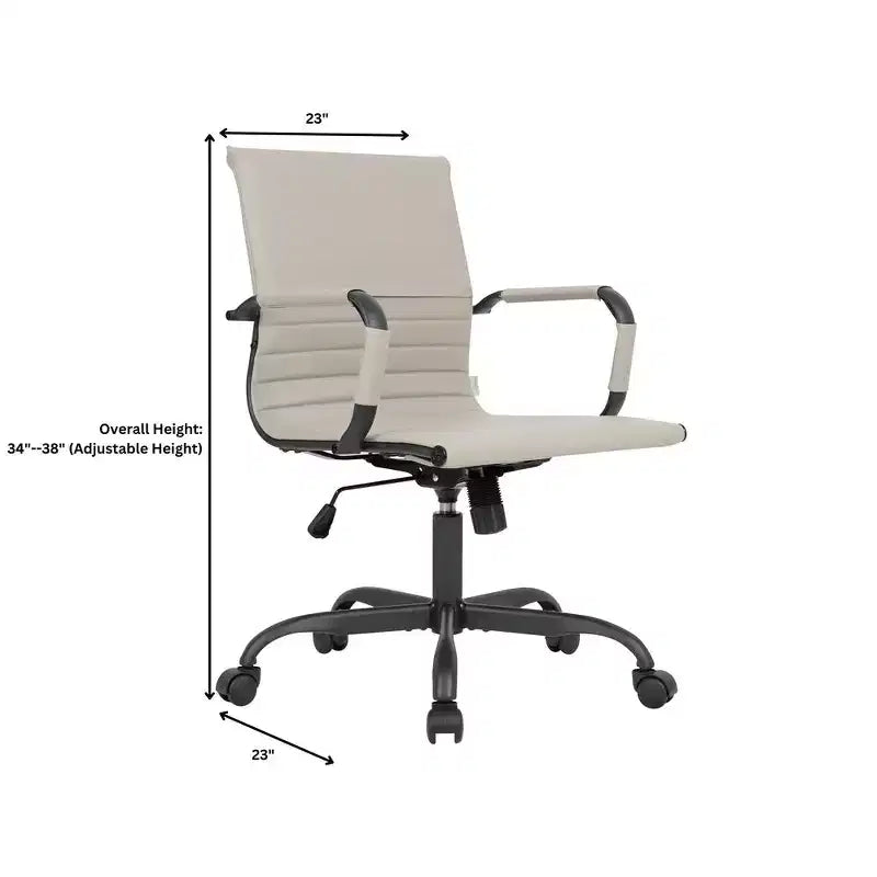 Ribbed Vegan Leather Desk Chair with Matte Black Swivel Base