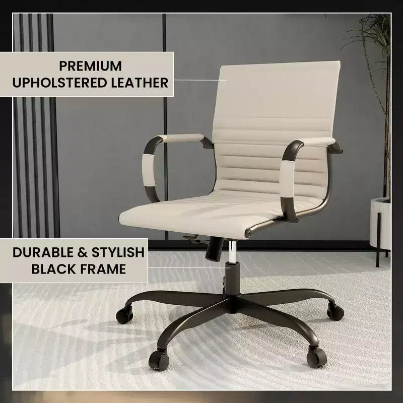 Ribbed Vegan Leather Desk Chair with Matte Black Swivel Base