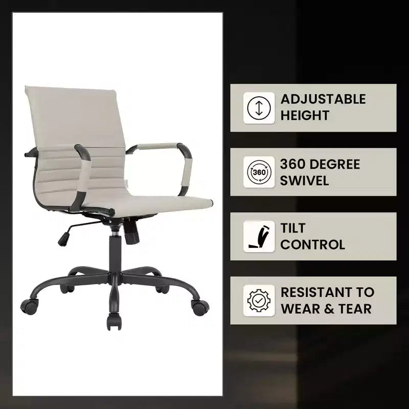 Ribbed Vegan Leather Desk Chair with Matte Black Swivel Base
