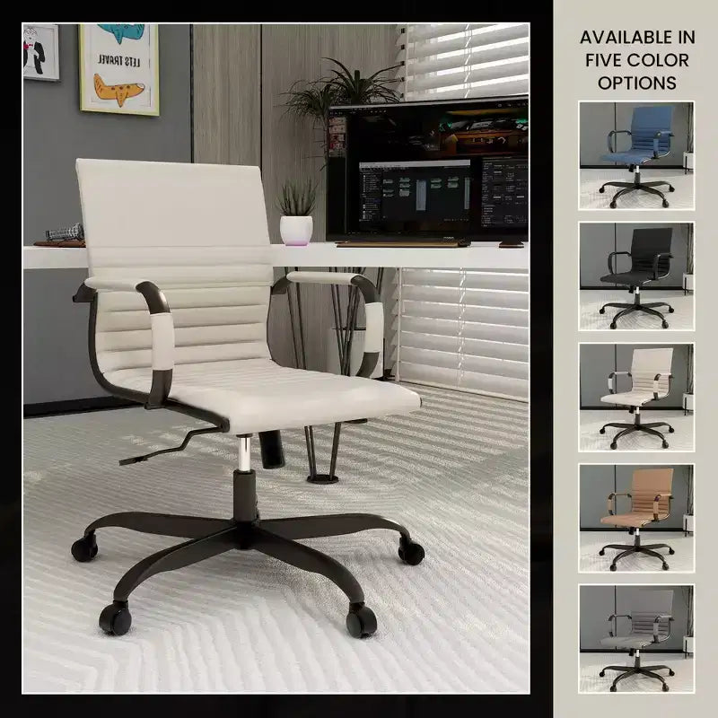 Ribbed Vegan Leather Desk Chair with Matte Black Swivel Base