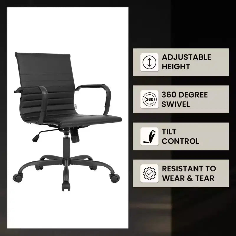 Ribbed Vegan Leather Desk Chair with Matte Black Swivel Base