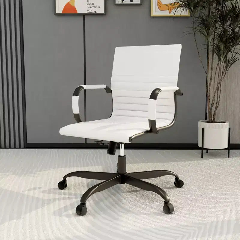 Ribbed Vegan Leather Desk Chair with Matte Black Swivel Base