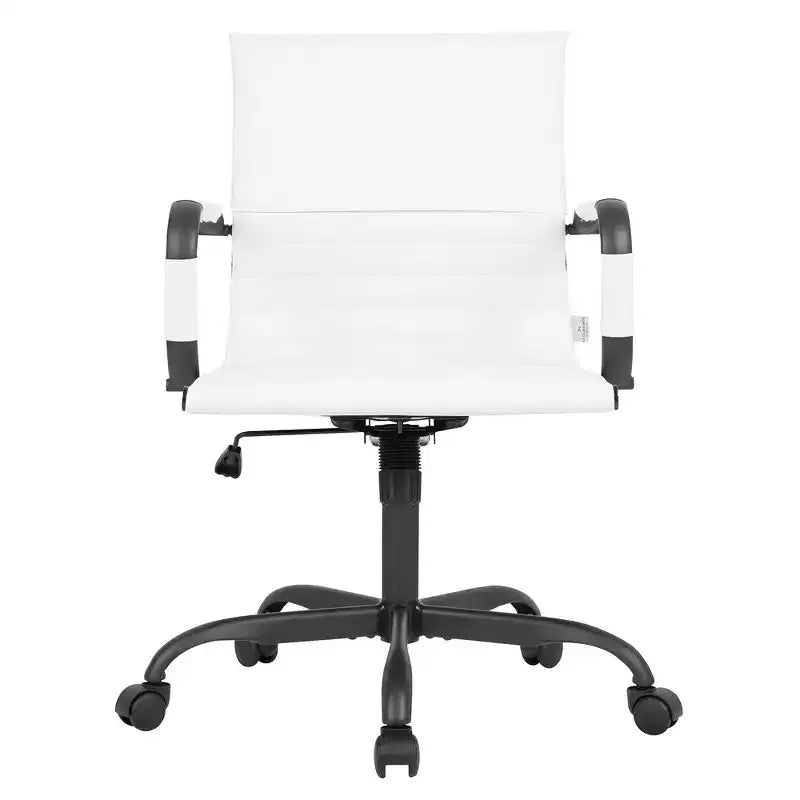 Ribbed Vegan Leather Desk Chair with Matte Black Swivel Base