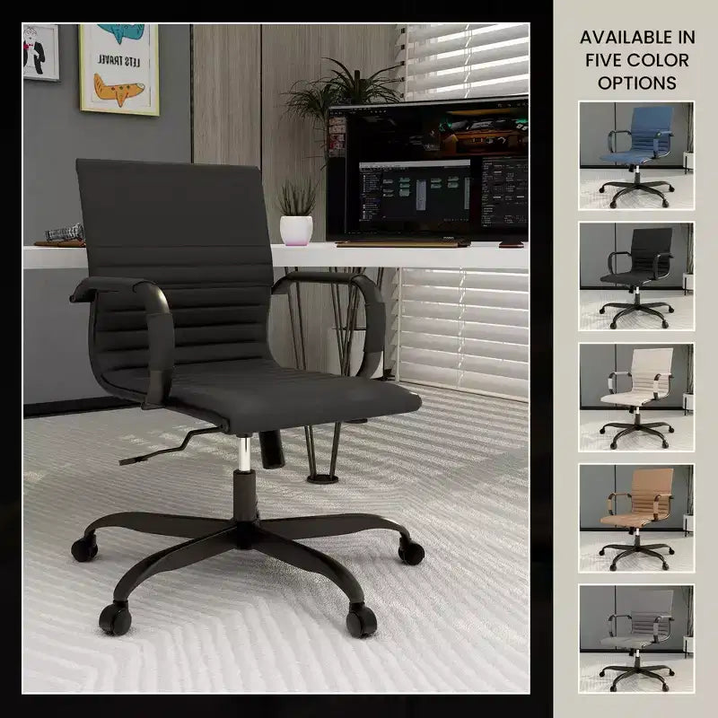 Ribbed Vegan Leather Desk Chair with Matte Black Swivel Base