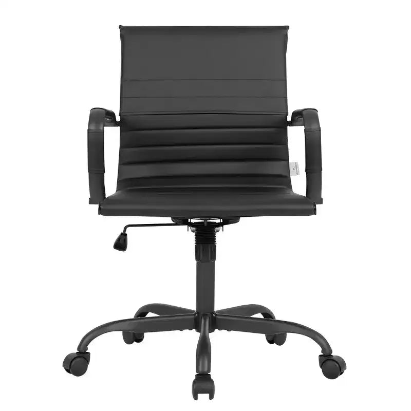 Ribbed Vegan Leather Desk Chair with Matte Black Swivel Base