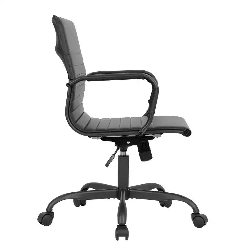 Ribbed Vegan Leather Desk Chair with Matte Black Swivel Base