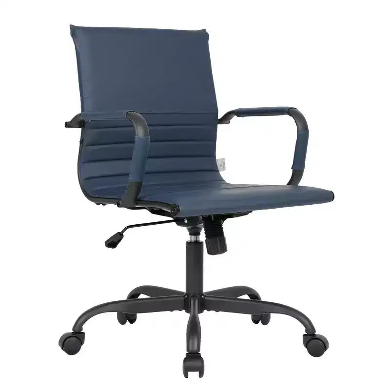 Ribbed Vegan Leather Desk Chair with Matte Black Swivel Base