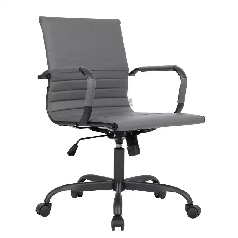 Ribbed Vegan Leather Desk Chair with Matte Black Swivel Base