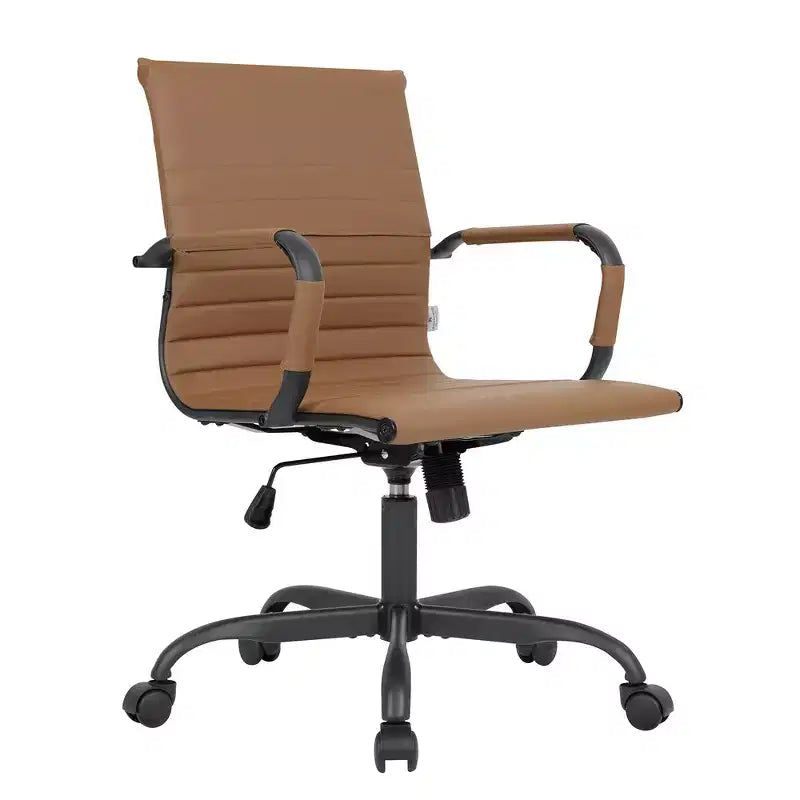Ribbed Vegan Leather Desk Chair with Matte Black Swivel Base