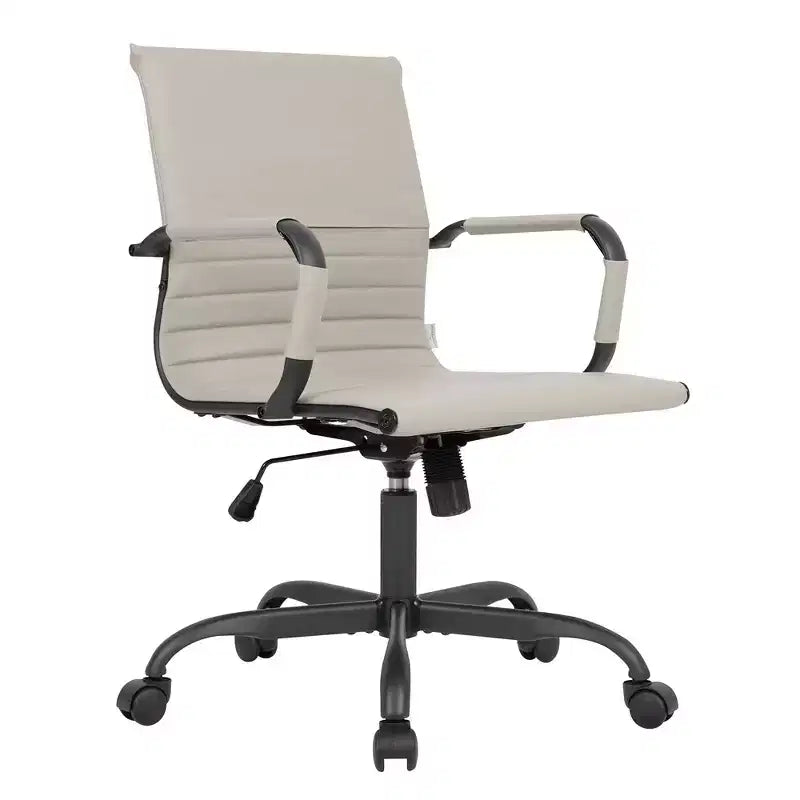 Ribbed Vegan Leather Desk Chair with Matte Black Swivel Base