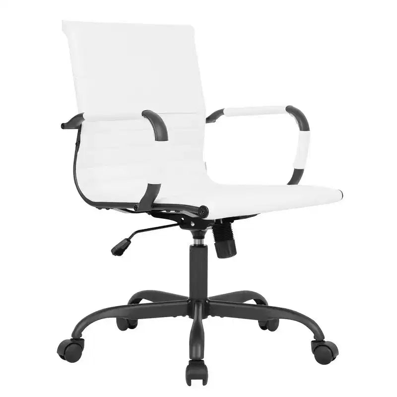 Ribbed Vegan Leather Desk Chair with Matte Black Swivel Base