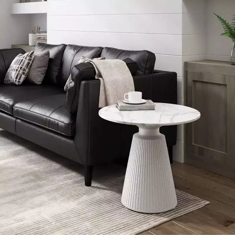 Round White Accent Table, No Assembly, Magnesium Oxide Frame