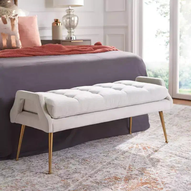 Upholstered Bench with Tufted Cushion and Gold Metal Legs
