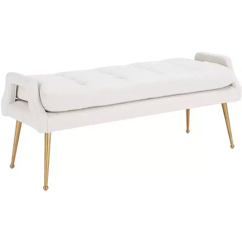 Upholstered Bench with Tufted Cushion and Gold Metal Legs