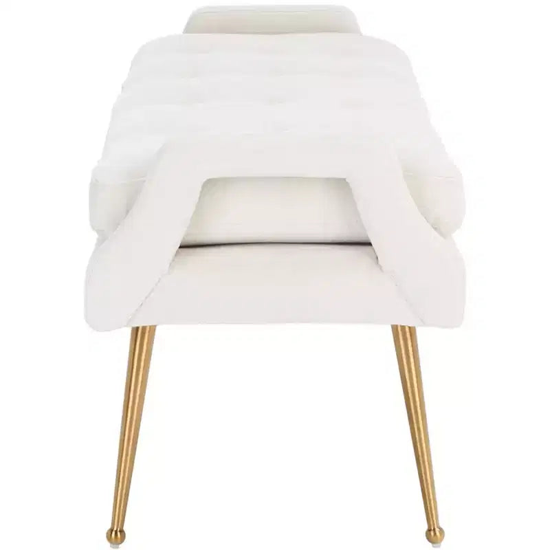 Upholstered Bench with Tufted Cushion and Gold Metal Legs