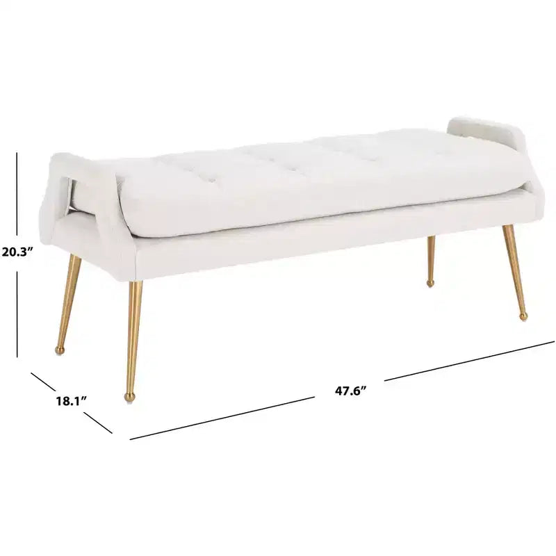 Upholstered Bench with Tufted Cushion and Gold Metal Legs