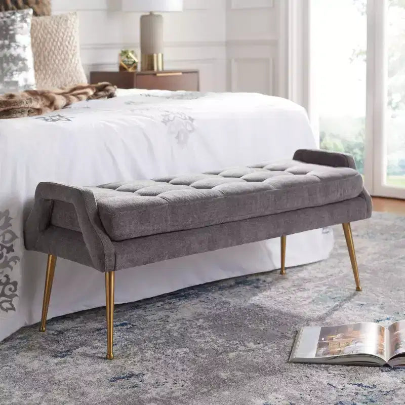 Upholstered Bench with Tufted Cushion and Gold Metal Legs